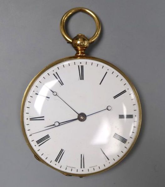 A continental engine turned 18k yellow metal open face keywind pocket watch, with Roman dial, diameter 46mm, gross 58.4 grams.